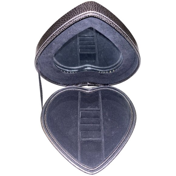 Heart-Shaped Black Faux Leather Jewelry Box With Velvet Interior & Mirror - Picture 2 of 7